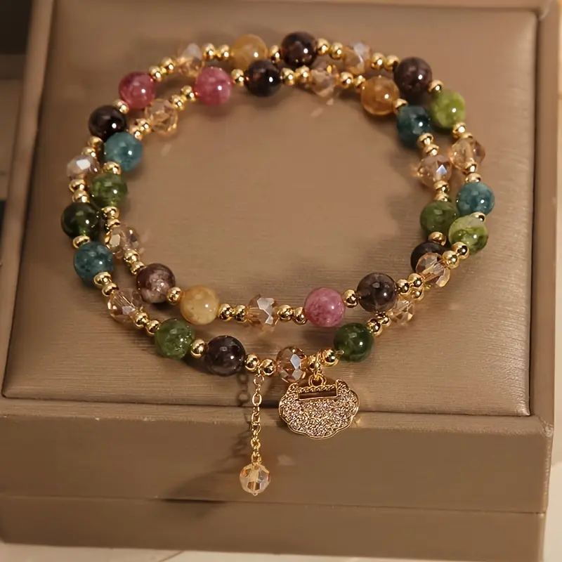 Female 2-Layered Bohemian Alloy Bangle - Gift-Ready Elegant Charm Bracelet with Longevity Lock, Alloy Beads, Rainbow Accents for Daily Wear