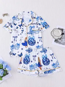 Women's 2-Piece Pajama Sleepwear Set, Bow Blue Dress Butterfly Print Short Sleeve Shorts Top Small Pocket Comfort Soft Skin-Friendly Elastic Waist
