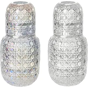 Set of 2  Bedside Water Carafe and Glass Set, Embossed Night Water Carafe with Tumbler Glasses, Elegant Pitcher and Matching Drinking Glass (2, Clear+Colorful)