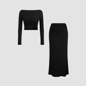 Cider [size 2-10] Boat Neckline Solid Twist Long Sleeve Crop Top & Mid Rise Solid Ruched Maxi Skirt