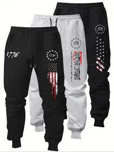 Men's Graphic Print Long Pants Set, Elastic Waist, Regular Fit, Casual Comfort, Pocket Design, Spring & Fall Fashion, Trouser, 3 Piece Pack