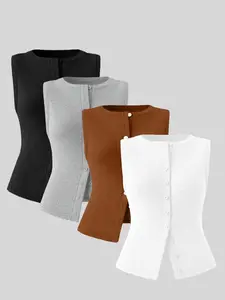 Women's Sleeveless Metal Decor Backless Vest Set, Casual Daily Wear Commuter Style, European & American Spring Summer Fall Fashion Tops