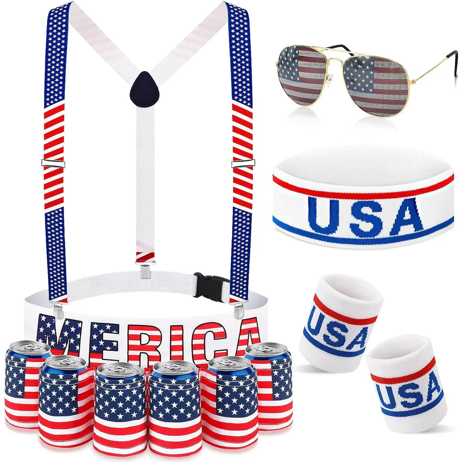Patriotic Fanny Pack Beverage  Belt Set  Flag Headband Wristband Sunglasses Classic Costume for 4th of July