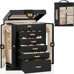 Box 6-Tier Organizer Functional 360? Rotating  Storage Case for Women Girls Ring Necklace Earring Bracelet Holder with Mirror