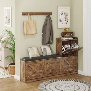 Shoe Storage Cabinet with Shoe Bench Left and Right Adjustable 4 Flip Drawers Padded Seat Cushion Shoe Cabinet for Entryway Narrow Hallway Bench Shoe Storage Rustic Brown