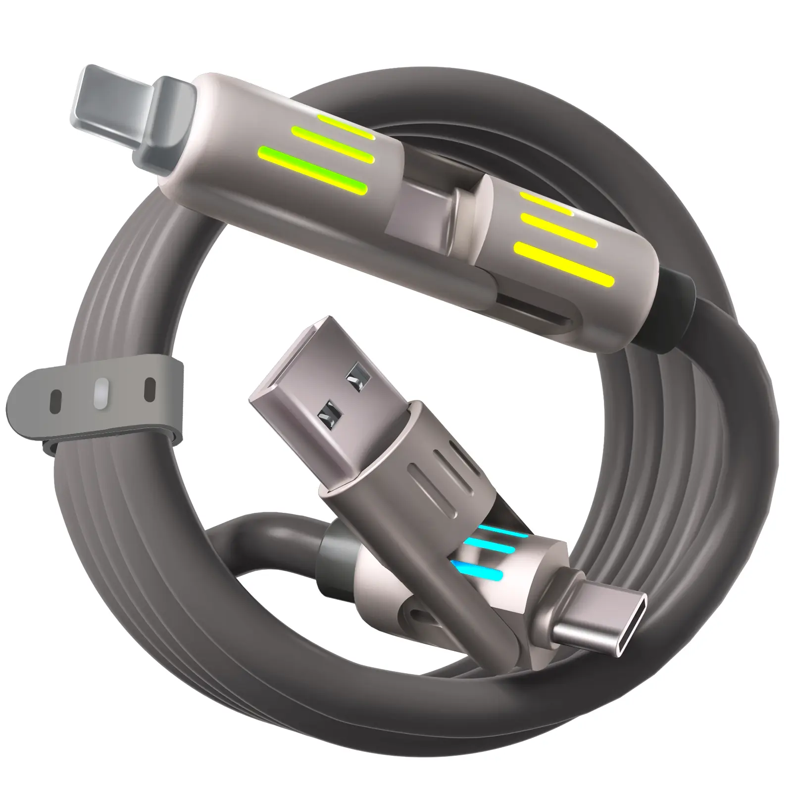 240W 4-in-1 Durable Silicone USB C Charger Cable (4ft) - Aluminum Alloy Multi-Functional Cable with USB A, Type C, Lightning Connectors for iPhone 15/14, iPad Pro, Smartphones