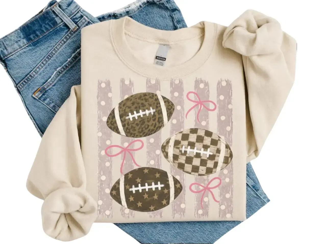 Vertical Stripes Football Bows Sweatshirt Or T-Shirt, Distressed Coquette Game Day Shirt, Friday Night Tee, Girly Football Shirt, Football Gift For Her