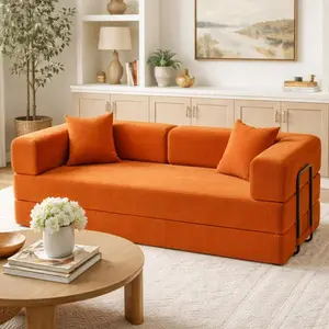 Full Foam Compressed Sofa Bed Modular Couch with Multiple Layout Options Corduroy Fabric 2 Cushions for Living Room Bedroom Apartment Use orange