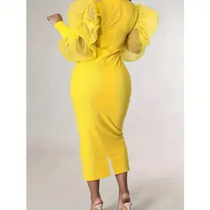 Fashionable Casual Solid Color Patchwork Crew Neck Long Sleeve Dress