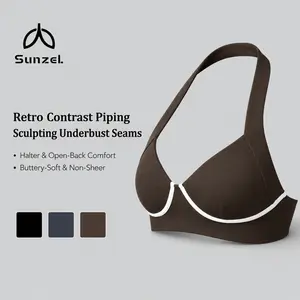 Sunzel Contrast Piping Halter Sports Bra for Women, Sculpting Underbust V Neck Padded Yoga Crop Top, Buttery Soft Wireless Open Back Workout Tank, Tank Sports Bras