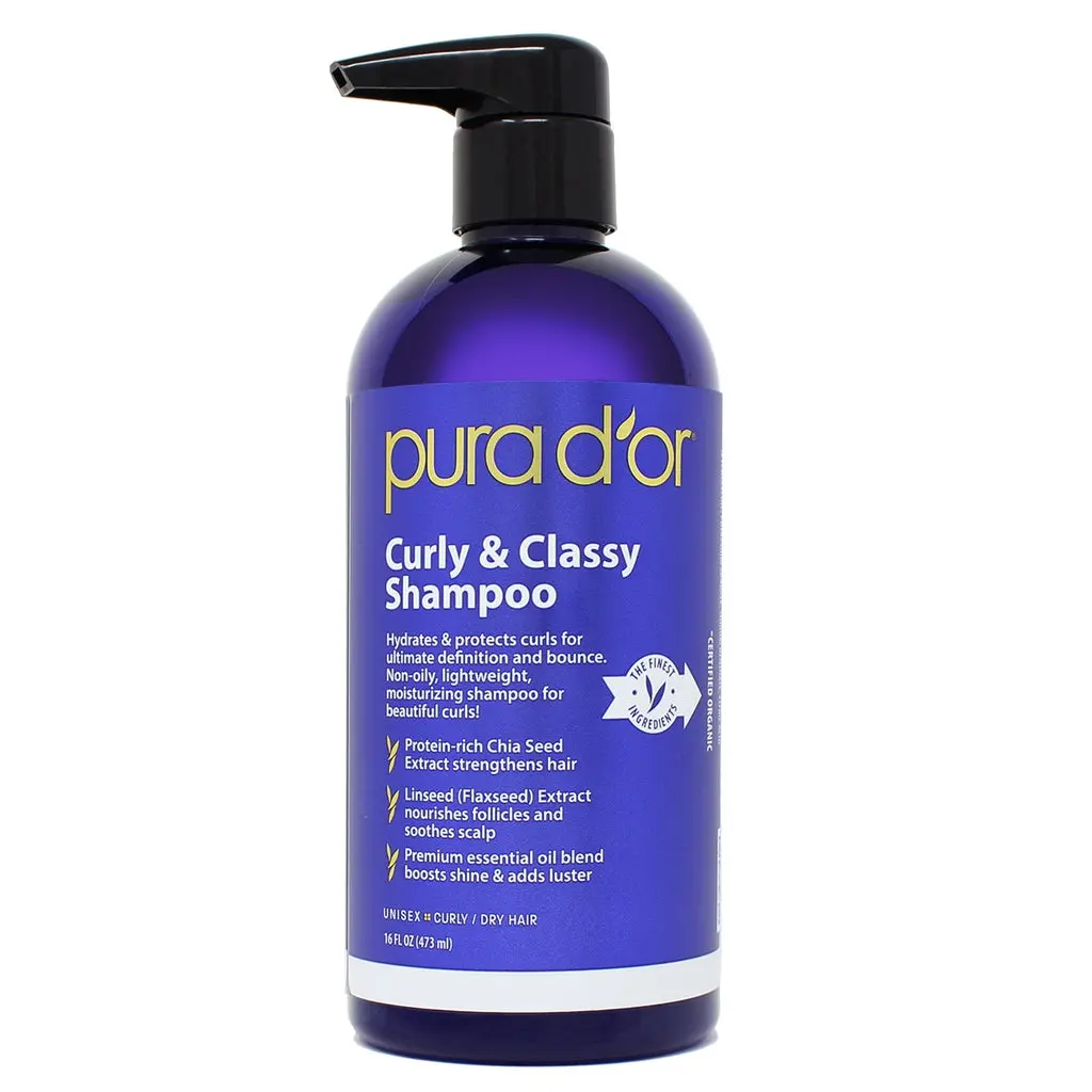 PURA D’OR Curly & Classy Organic Hair Shampoo 16oz (473ml) – Sulfate Free Shampoo for Curly Hair with Aloe Vera, Argan Oil, Chia Seed & Flaxseed