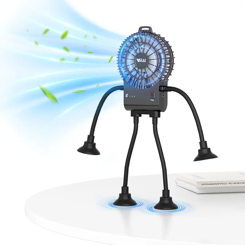 Portable handheld creative fan robot statue, compact portable rechargeable desk fan robot figurine with suction cups and mobile phone holder integrated into one, suitable for offices and cars, black personal fan robot figurine