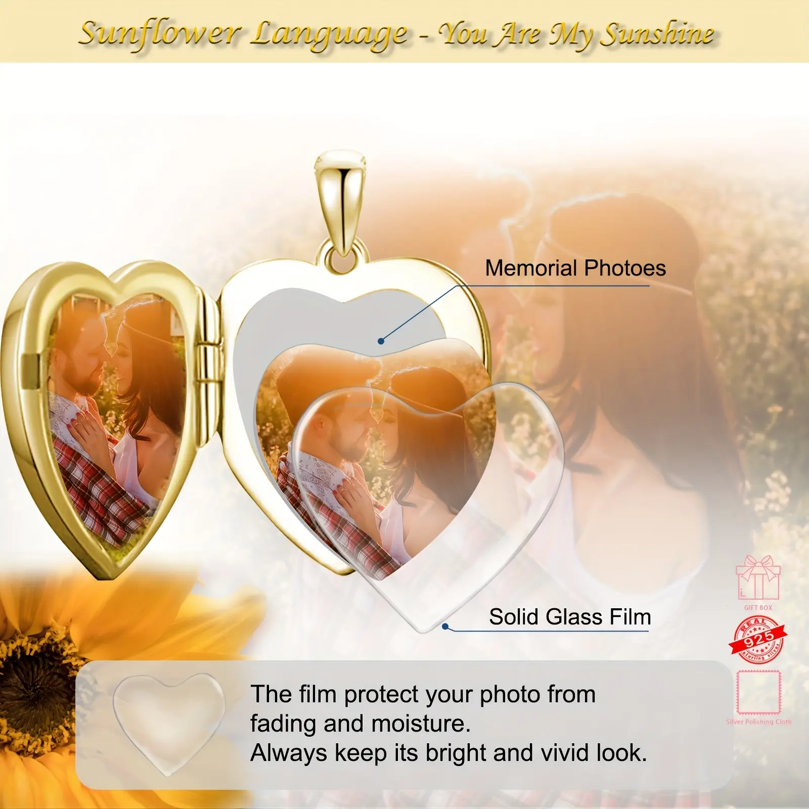 Radiant Allure Cameo Sunflower Heart Locket Necklace That Holds 2 Picture, Golden Plated Silver Heart Shaped Picture Locket Necklace to You Are My Sunshine (Locket only)