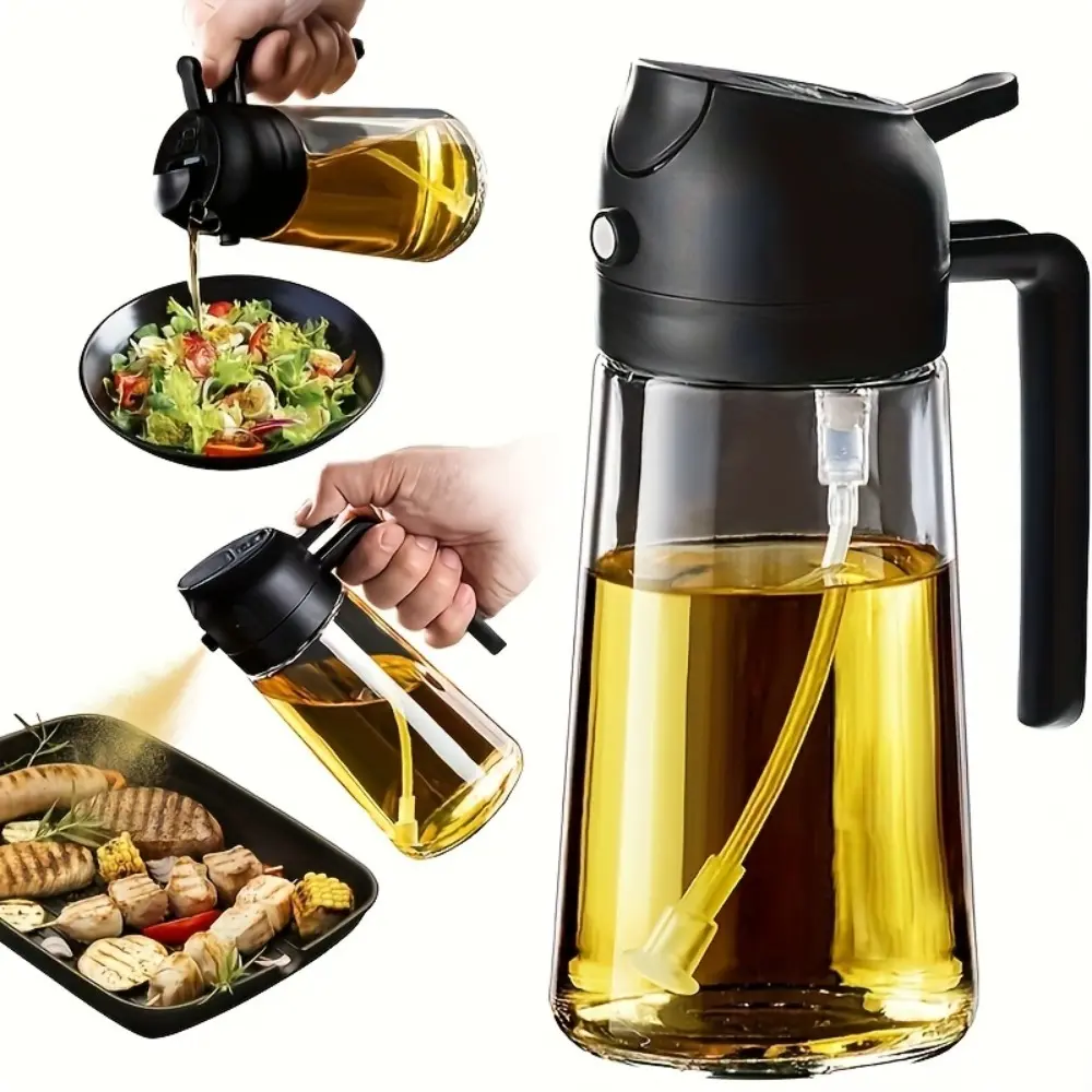 470ml Leak-Proof Dual Olive Oil Dispenser Bottle with Dual-Squeeze & Tube - Heavy-Duty Kitchen Oil Dispenser Cooking Oil Container for Cooking, Frying, Salad Dressing, Air Fryer, BBQ, Grilling - Easy-Clean Oil Sprayer & Oil Squeezer for Home & Outdoor
