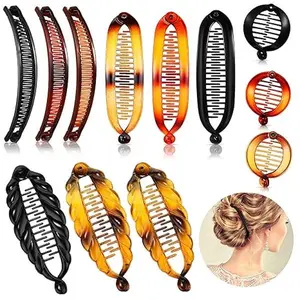 12 Pieces Women's Hair Accessories Set: Large Double Fishtail Banana Clips, Clincher Combs, Ponytail Holders - 4 Styles (Black, Yellow Tortoiseshell, Red Tortoiseshell, Dark Coffee)