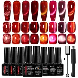 10pcs Wine Red Magnetic Gel Nail Polish Set with Magnetic Stick, Super Shiny Ruby Red Flame Laser Cat Eye Effect Gel Polish, Long-Lasting, Soak Off UV Gel for Manicure, Easy To Apply, Suitable for Nail Art and Salon Use