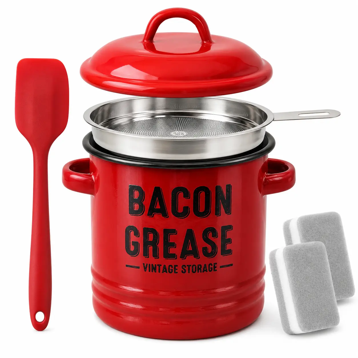 Vintage Large Rustic Farmhouse-Style Enamel Bacon Grease Container with Strainer, Lid, 46 oz (1360ml) Food-Grade Silicone Spatula, Silicone Brush - Cooking Oil Container, Oil Dispensers, Kitchen Utensil Accessory