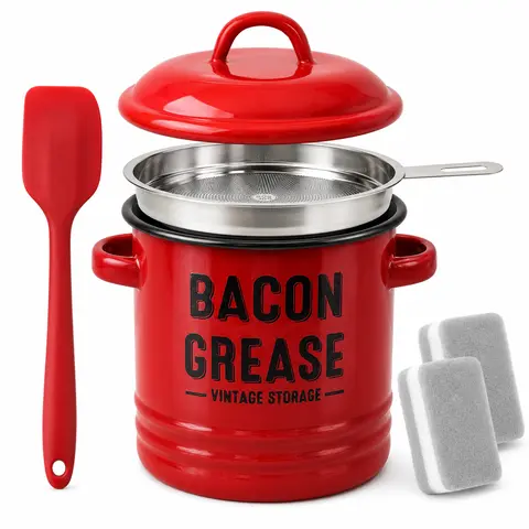 Vintage Large Rustic Farmhouse-Style Enamel Bacon Grease Container with Strainer & Cap - 46 oz (1360ml) Food-Grade Kitchen Set w/ Heat-Resistant Silicone Spatula, Brush, Durable Oil Dispenser, Storage Jar, Dishwasher-Safe Utensils for Grease Management