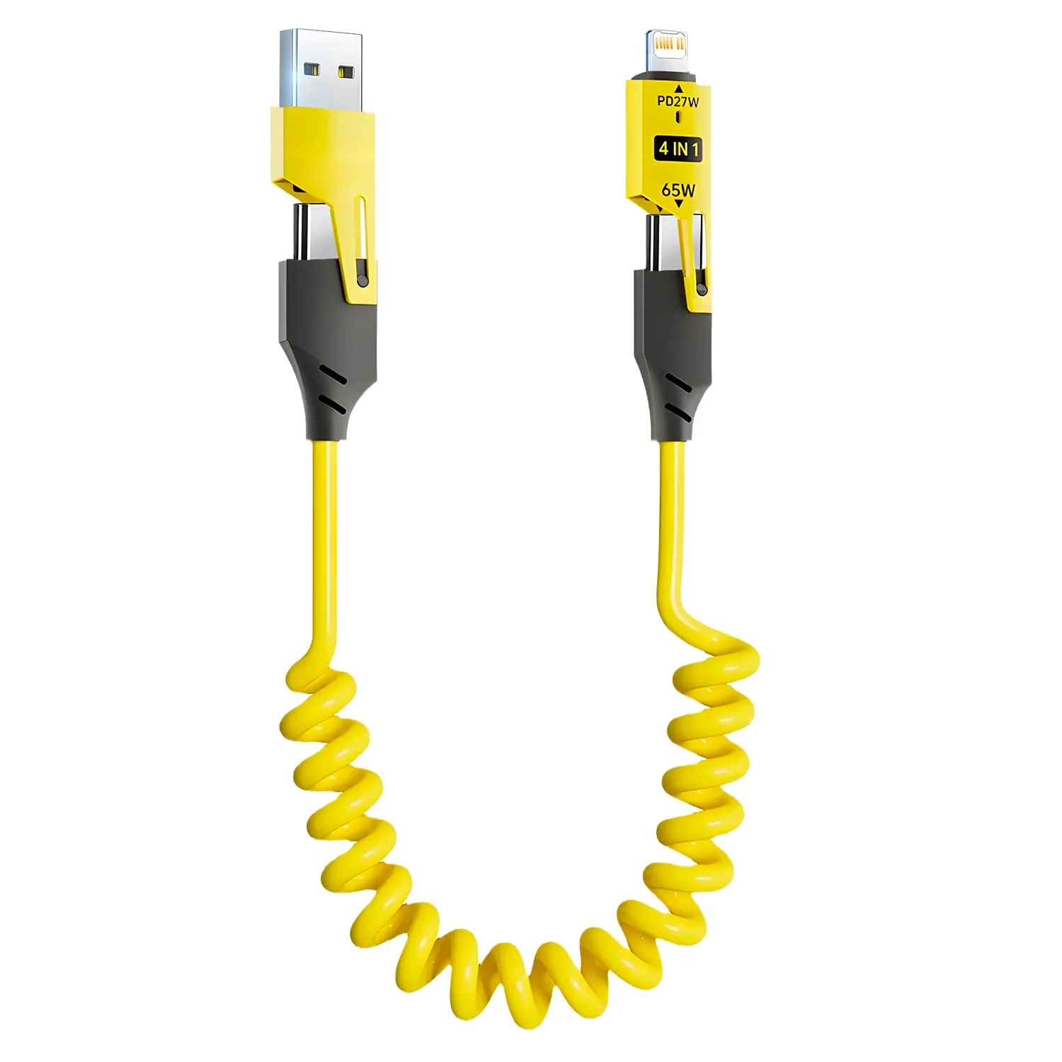65W USB Fast Charging 4-in-1 Spring Retractable Cable, USB-A to Multi-Connector Charging Cable for Car, Cellphone, Stretchable up to 150 cm, Supports USB-C/Lightning PD 27W, Multifunctional Fast-Charge Data Cable