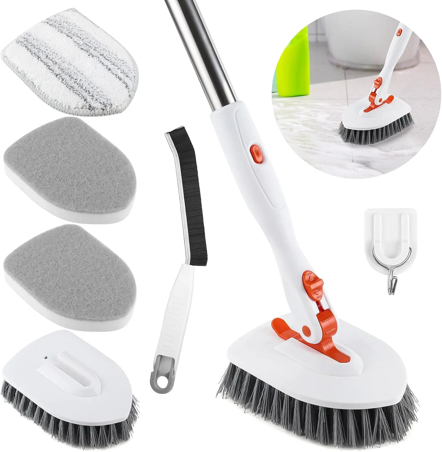 Wlich 4 in 1 Tub Tile Scrubber Brush,52 Inch Long Handle Shower Scrubbing with Locked Head, Shower Cleaning Brush for Bathroom Kitchen Toilet Wall Sink