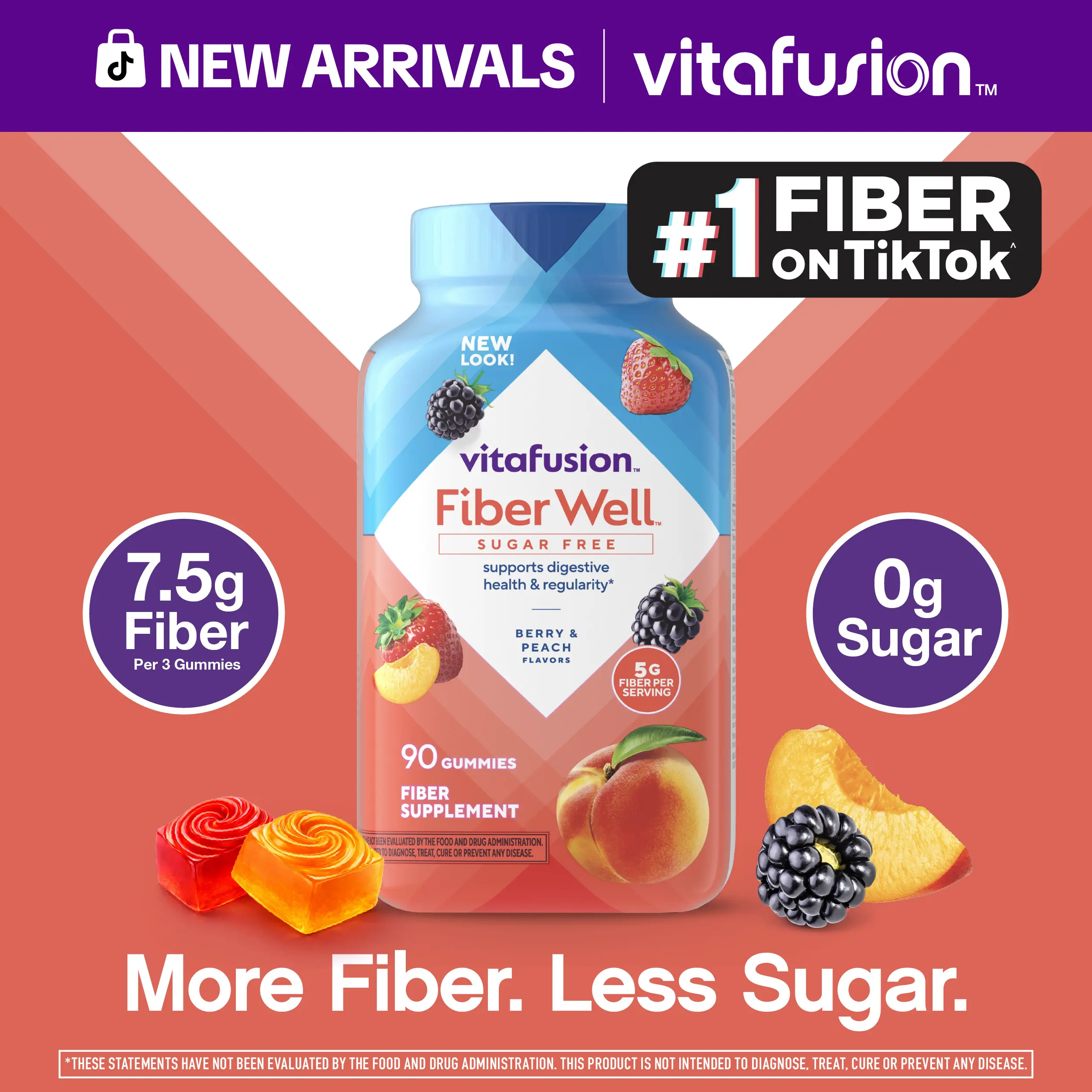 [Vitafusion] Fiber Well Sugar Free Gummies - 5g - Berry & Peach Flavor Fiber Gummies - Supports Digestive Health & Regularity - 90 Gummies