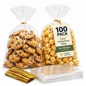 100 Pcs Cellophane Bags - 6x10 Inch Clear Treat Goodie Bags Flat Bag With 100pcs Twist Ties, No Gusset Ideal for Cookies, Candy, Snacks, Popcorn and Party Favors