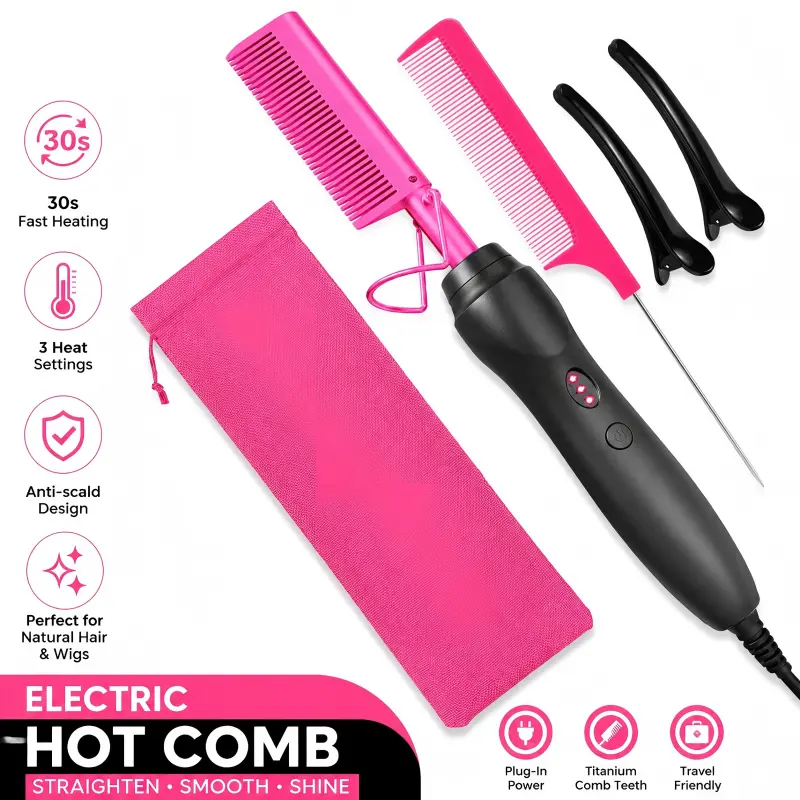 Heated Hair Straightening Comb - Portable Straightener with 3 Heat Settings, US Plug, Smooth Styling Hair Tools Kit for Her with Accessories