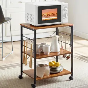 3-Tier Kitchen Bakers Rack, Utility Serving Cart, Multifunction Microwave Oven Stand, Baker's Rack with Storage Shelf and 10 Hooks