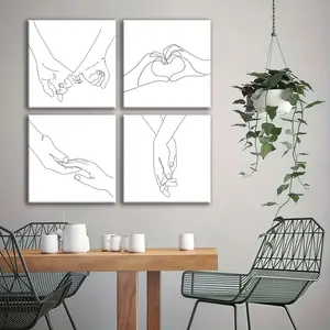4-count wooden frame canvas, minimalist line hand-holding theme poster, Heart Design, romantic art decoration, exquisite living room and bedroom decoration, modern and fashionable family poster, corridor wall hanging painting, waterproof art