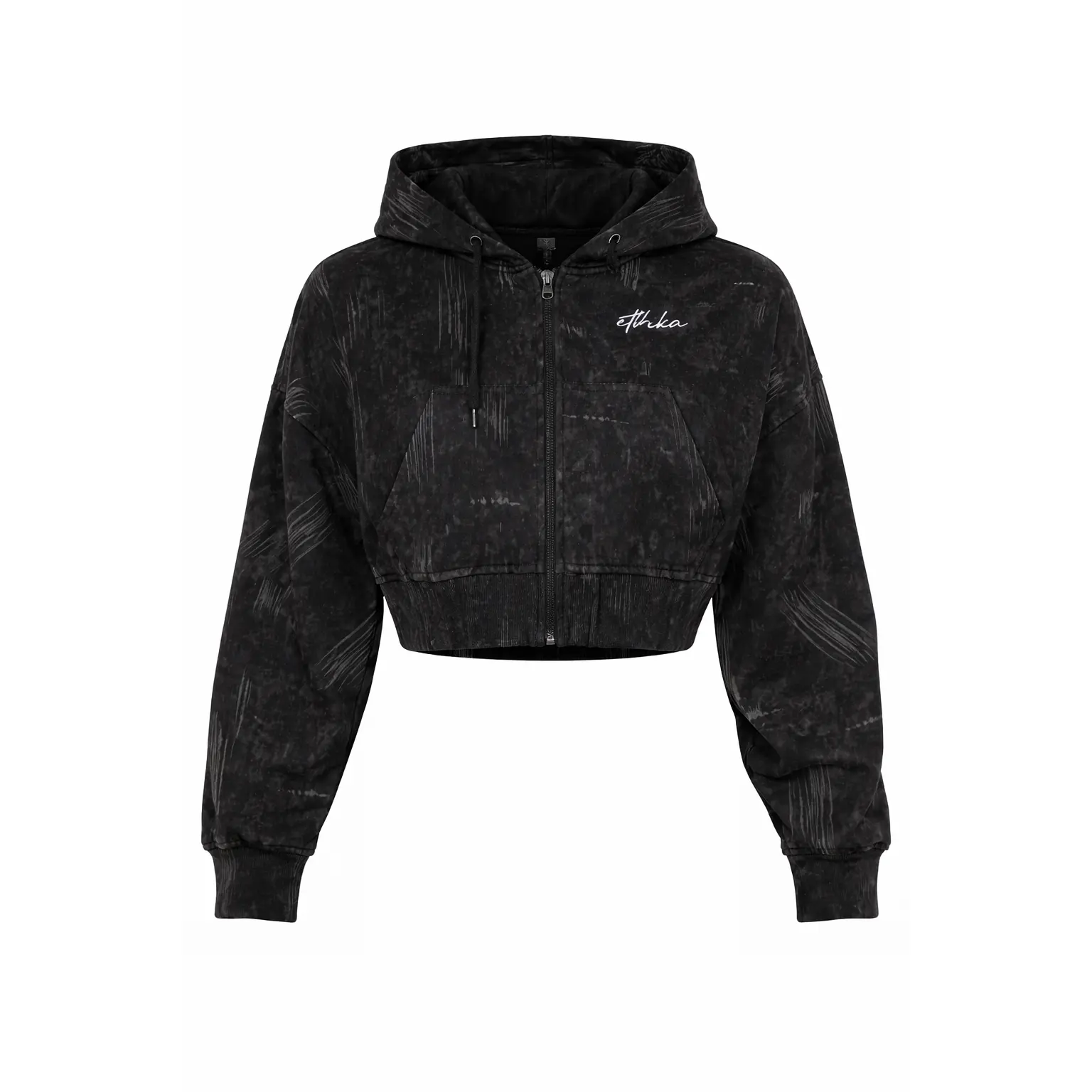 Women's Soft Ribbed Cuffs Long-Sleeve Zipper Cropped Hoodie - Black Wash, Lightweight Casual Fabric, Adjustable Sleeves, Drawstring Hood, Cropped Waist, Shorts-Fit Cut, Streetwear, Athleisure Layering Essential, Sporty Chic, Joggers-Matching Option