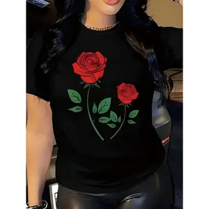 Rose Print Round Neck T Shirt for Women Spring Summer Casual Short Sleeve Top