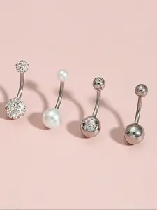 Women's Belly Button Ring Set, Stainless Steel & Cz Inlay, Faux Pearl Design, Elegant Navel Piercing Jewelry for Daily Wear, Body Piercing Jewelry
