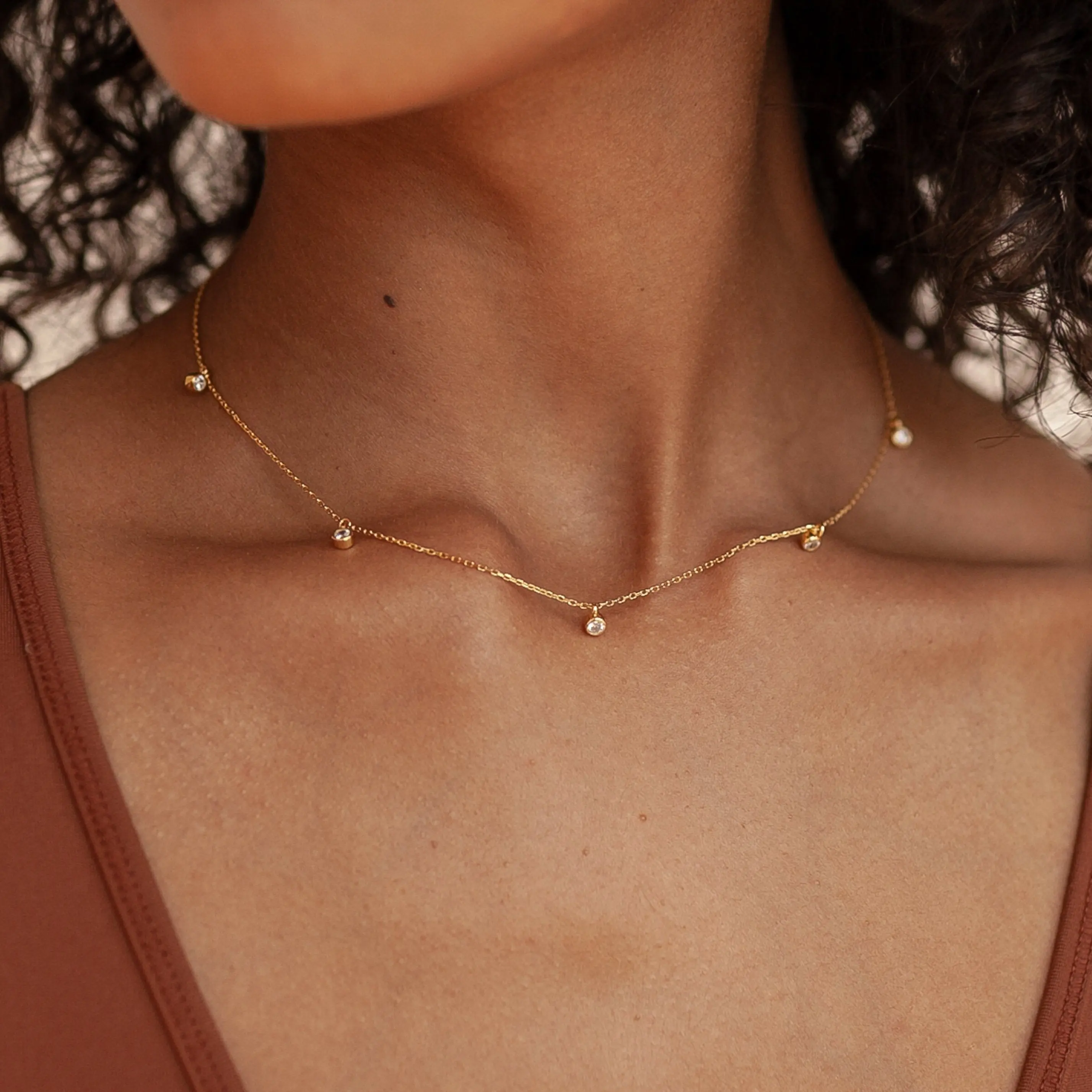 Diamond Station Necklace by Caitlyn Minimalist - Dainty Crystal Charm Necklace in Gold & Silver - Everyday Layering Necklace - Gift for Her