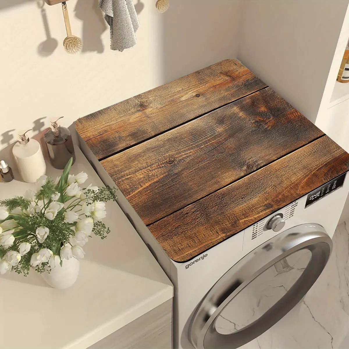 1pc Diatomaceous Earth Non-Slip Rubber Washer Dryer Top Cover (1pc-60x50cm/23.6x19.7in), Light Brown Oak Wood Print, Quick-Dry, High Absorbency, Dustproof, Noise-Reducing, Scratch-Resistant, Soft Washable Home Decoration with Effective Protection, Lightwe