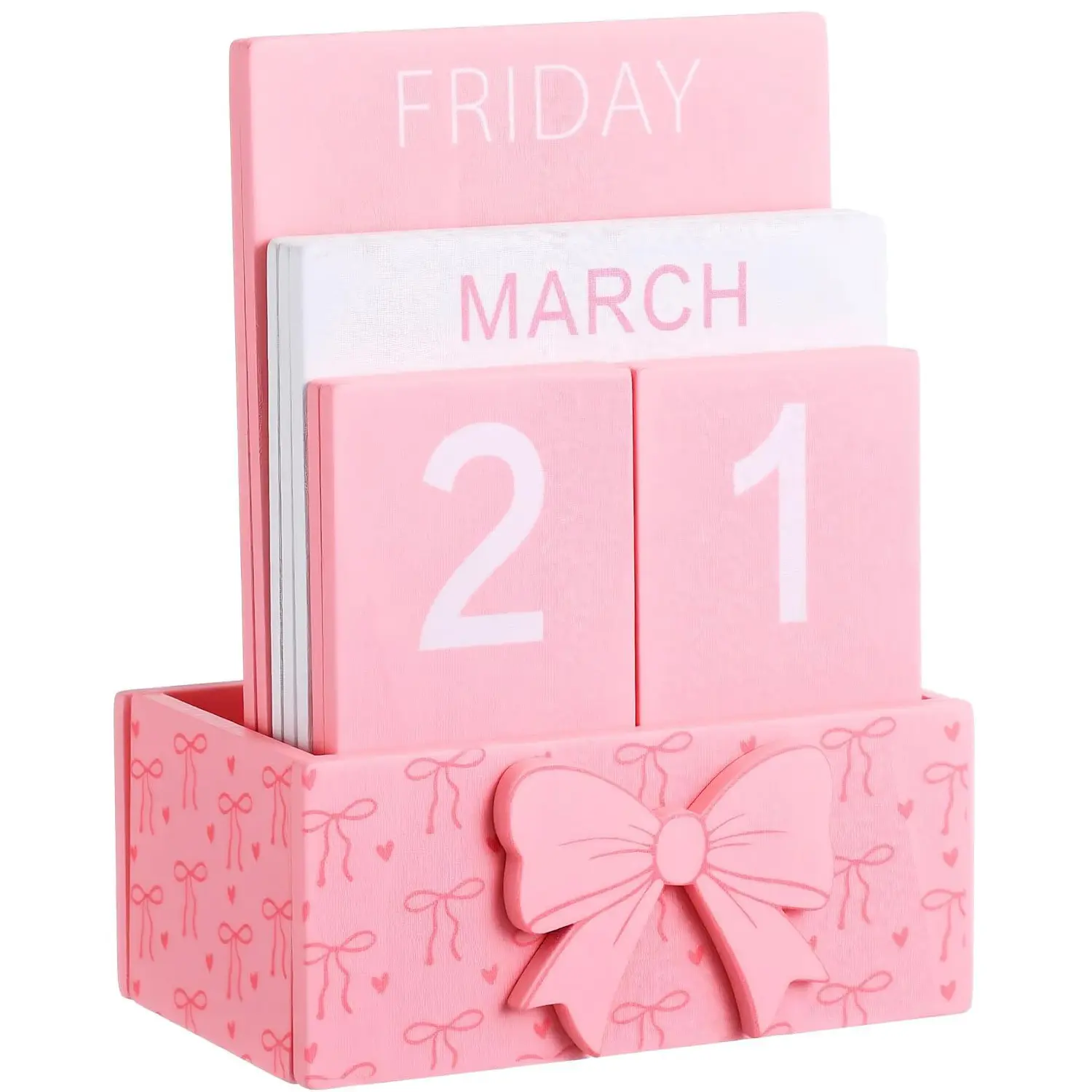 Pink Bow Wood Block Perpetual Calendar Coquettish Desk Decor Cute Bow Month Week Date Display Decorative Block Calendar for Women Office Home Desk Gift for Women, Fun Desk Supplies, Cute Desk Supplies
