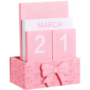 Pink Bow Wood Block Perpetual Calendar Coquettish Desk Decor Cute Bow Month Week Date Display Decorative Block Calendar for Women Office Home Desk Gift for Women