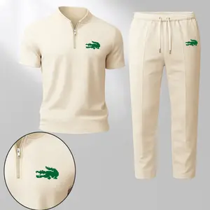 Men’s Minimal Animal Graphic Waffle Knit Two Piece Set – Small Animal Icon Print Zip Henley Collar Short Sleeve Top and Pants Set, Lightweight Breathable Soft Comfortable Casual Sportswear for Daily Wear, Travel