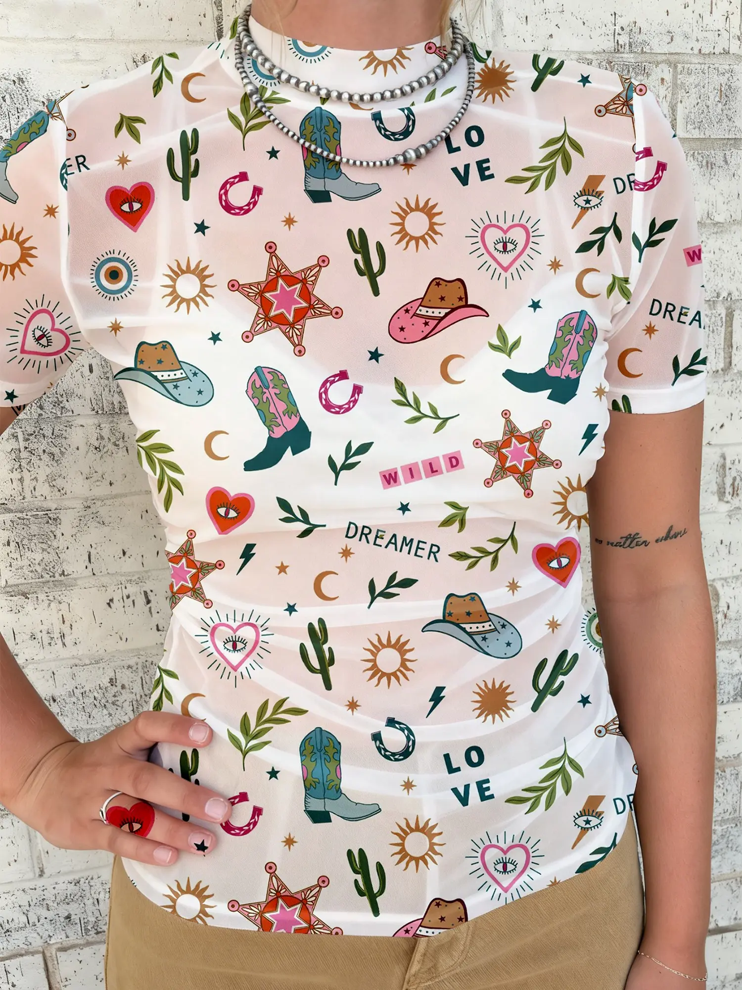 LOVE WILD DREAMER Western Print Sheer Mesh Top,  Short-Sleeve Slim fit Flatters your Shape While Keeping you Cool and Comfortable.