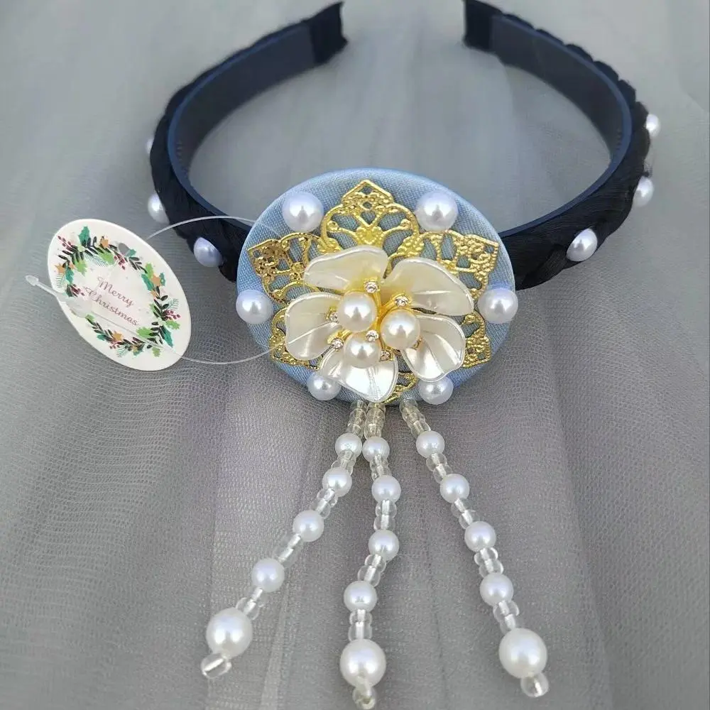 Retro Flower Korean Headband - Tassel-Embellished Traditional Hanbok Hanfu Headdress with Pearls, Colorful Charm, Jeweled Statement, Pearl Logo, Shining Hairband for Stage Dance, Colorful Charm Headbands, Jeweled Statement Headbands