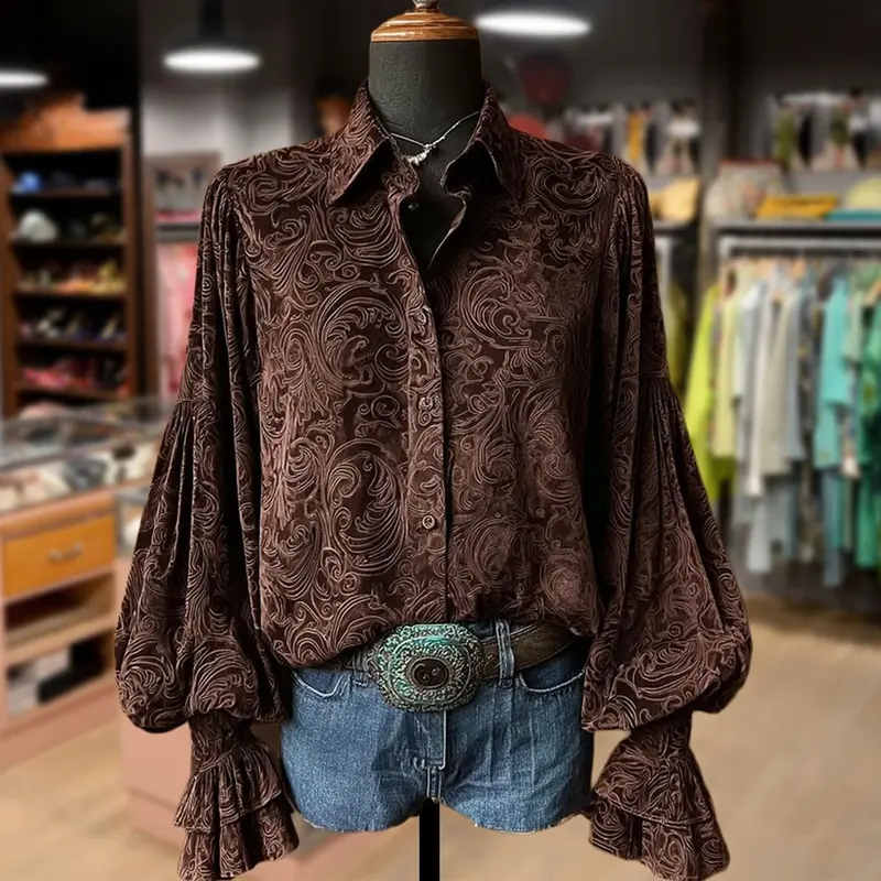 Cherrybetty Vintage Floral Print Lantern Sleeve Velvet Top Casual Shirts Elegance Soft Cute Fall Outfits Women's Clothes Going Outfits Womenswear Blouse