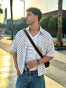 Street Style Unique Polka Dot Print Collar Shirt, American Retro Fashion, Fitted Short Sleeve Plaid Pattern Top, Casual Wear