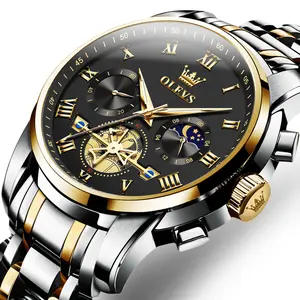 [TikTokshopBlackFriday]OLEVS Men's Analog Quartz Watches Stainless Steel 42.5mm Large Dial with Moon Phase Waterproof 30M Metal Skeleton Movement