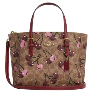 Coach Mollie Cherry Print Coated Canvas Tote Bag For Women With Shoulder Strap In Tan And Multi-Color