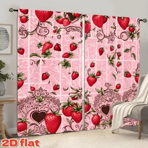 2D Flat 2Pcs Romantic Strawberry Print Curtain Panel, Pink Decorative Drapes, Rod Pocket Style, Semi Sunshade, Privacy Protection, for Living Room, Bedroom, Dining, Kitchen, Window Decorations, Housewarming Gifts, Home Decor.