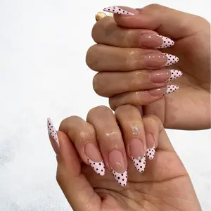 Pink Polka Dot French Handmade Press On Nails, Handmade Gel Medium Almond Nails