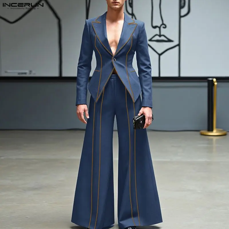 INCERUN Men's 70s Retro Slim-Fit 2-Piece Formal Wear Tuxedo Suit Set - Longsleeve Blazer with Contrast Piping, Matching Super-Flares Trousers, Mensfashion for Wedding, Disco Events