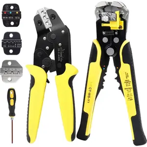 Automatic Wire Stripper and Crimping Tool Kit for Heat Shrink, Insulated Terminals, Open Barrel, Ferrule, Female Male & Solar Connectors - Ratcheting Wire  with 4 Replace Dies (24-14AWG)