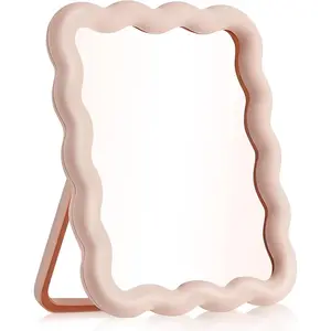 Wave-Shaped Desk Mirror, Pink Desk Accessories Portable Folding Mirror for Desk, Cute Desk Accessories Table Mirror, Travel Mirror for Women Hangable Standable 6.7x5.3 Inch Home Decoration Supplies