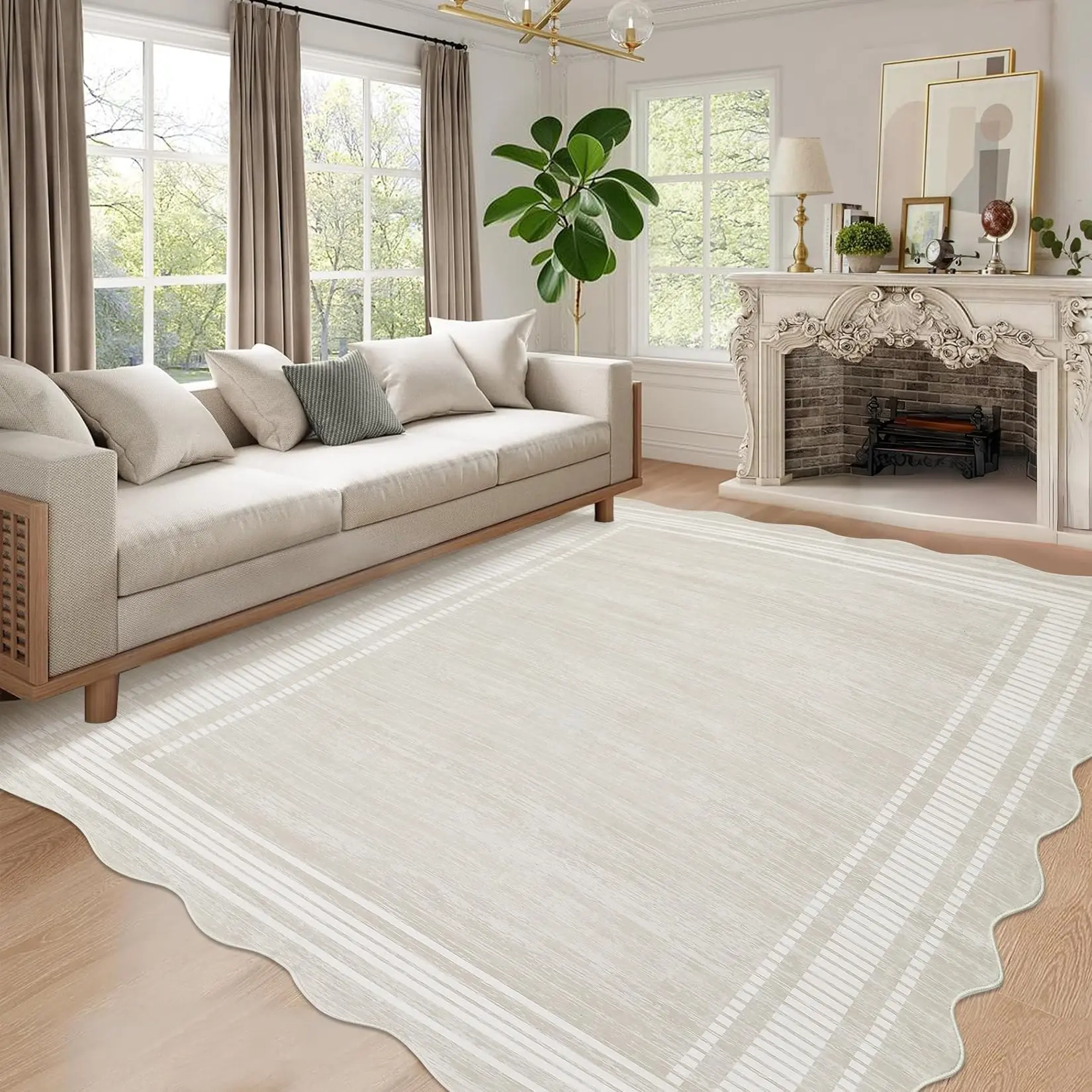 GARVEE Washable Scalloped Rug 10x13 Area Rugs,Modern Neutral Living Room Rugs,Large Washable Solid Farmhouse Carpet Abstract Bordered Carpet for Bedroom Apartment Table Dorm Nursery,Cream