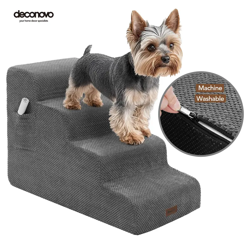DECONOVO Dark Grey 4-Step Dog Stairs for Small Dogs, 28.3in x15.7in x19.7in Non-Slip Pet Ramp, 33D Foam, Removable Cozy Fleece Grip Cover, Stable Bottom Grip, Joint Safe Support, Machine Washable, Easy Care, Recovery-Ready, Suitable for Beds & Bay Windows